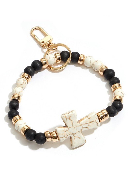 Cross with Stone Beads Bracelet Keychain - Wrist Drip