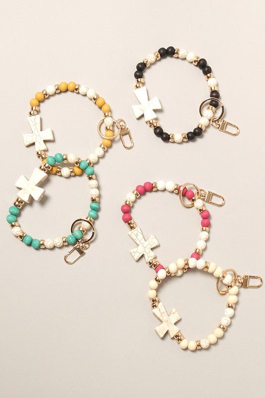 Cross with Stone Beads Bracelet Keychain - Wrist Drip