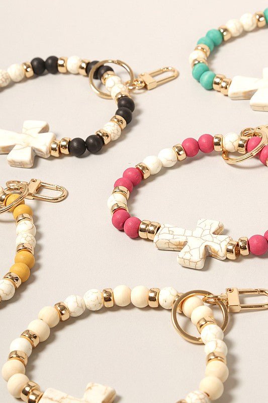 Cross with Stone Beads Bracelet Keychain - Wrist Drip