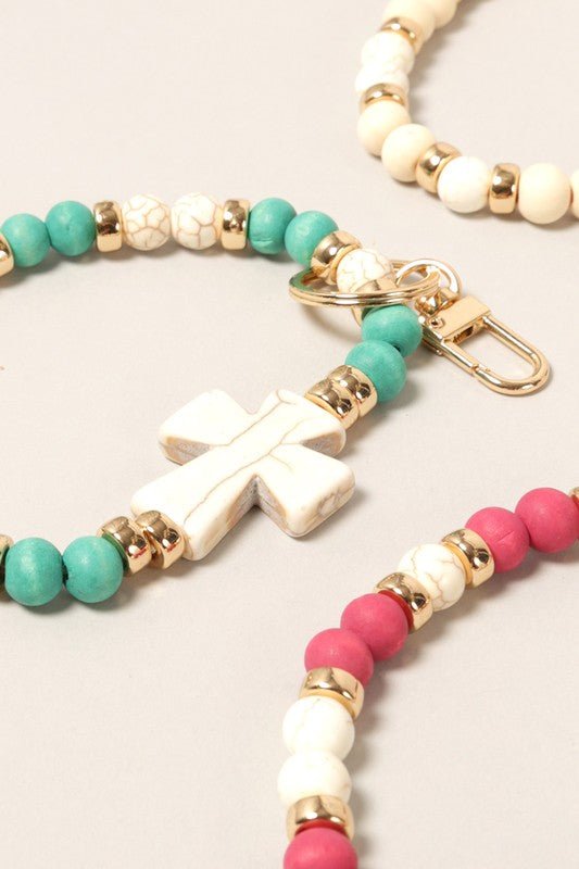 Cross with Stone Beads Bracelet Keychain - Wrist Drip