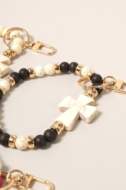Cross with Stone Beads Bracelet Keychain - Wrist Drip