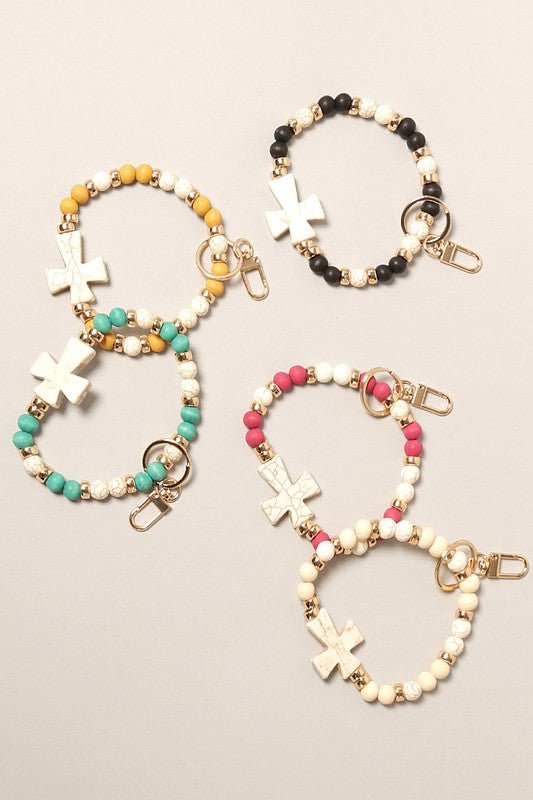 Cross with Stone Beads Bracelet Keychain - Wrist Drip