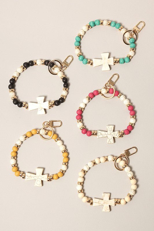 Cross with Stone Beads Bracelet Keychain - Wrist Drip