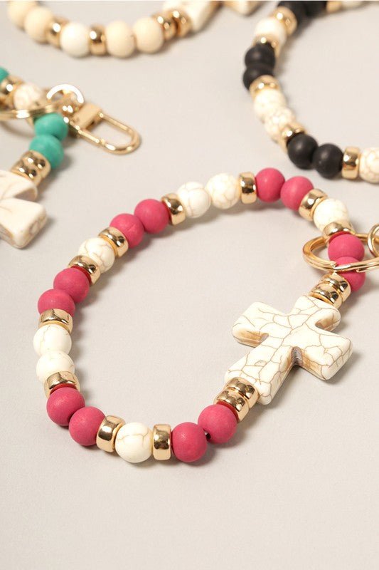 Cross with Stone Beads Bracelet Keychain - Wrist Drip