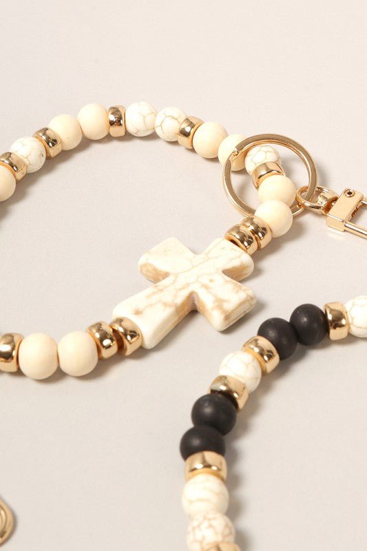 Cross with Stone Beads Bracelet Keychain - Wrist Drip