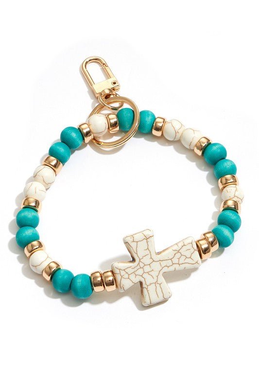 Cross with Stone Beads Bracelet Keychain - Wrist Drip