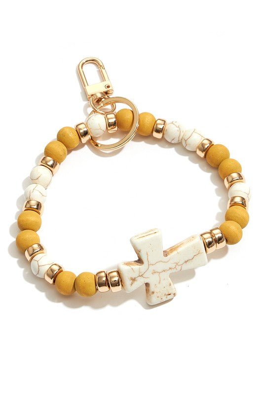 Cross with Stone Beads Bracelet Keychain - Wrist Drip