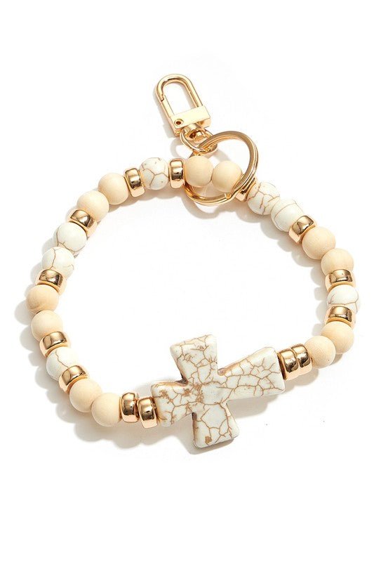 Cross with Stone Beads Bracelet Keychain - Wrist Drip