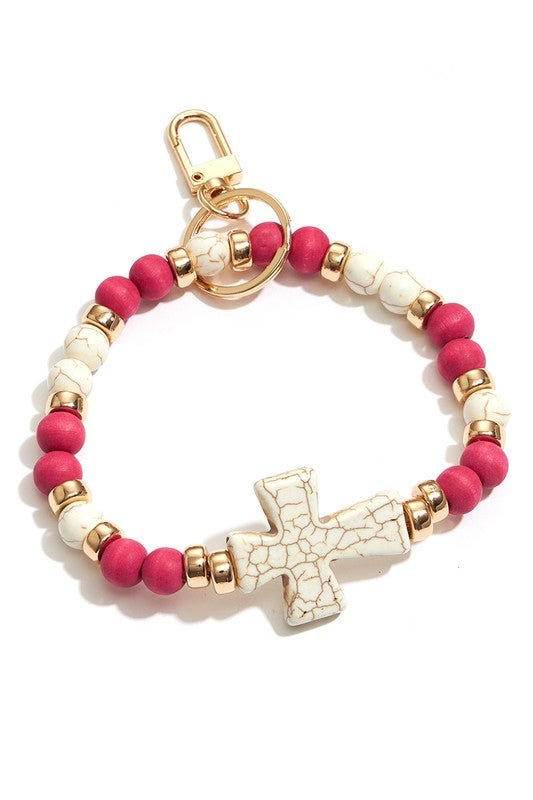 Cross with Stone Beads Bracelet Keychain - Wrist Drip